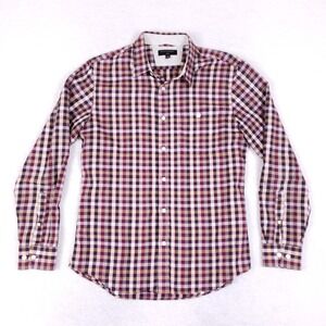 Banana Republic Shirt M Slim Fit Cotton Burgundy Tan Plaid Button Up Long Sleeve